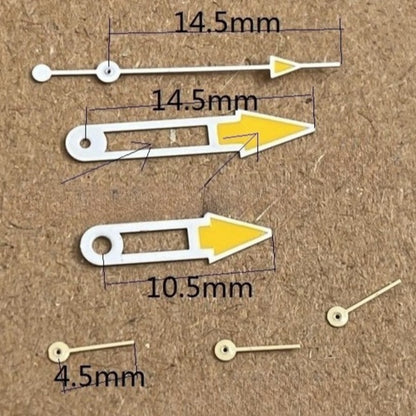 White trim yellow watch hands, 14.5mm length, compatible with Miyota OS10, OS20, OS30 movements.