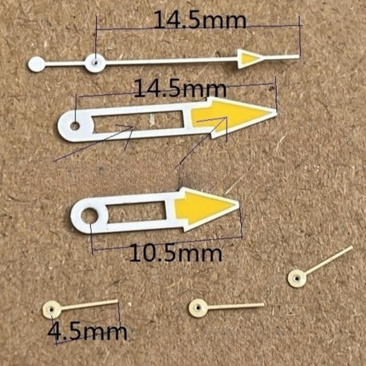 White trim yellow watch hands, 14.5mm length, compatible with Miyota OS10, OS20, OS30 movements.