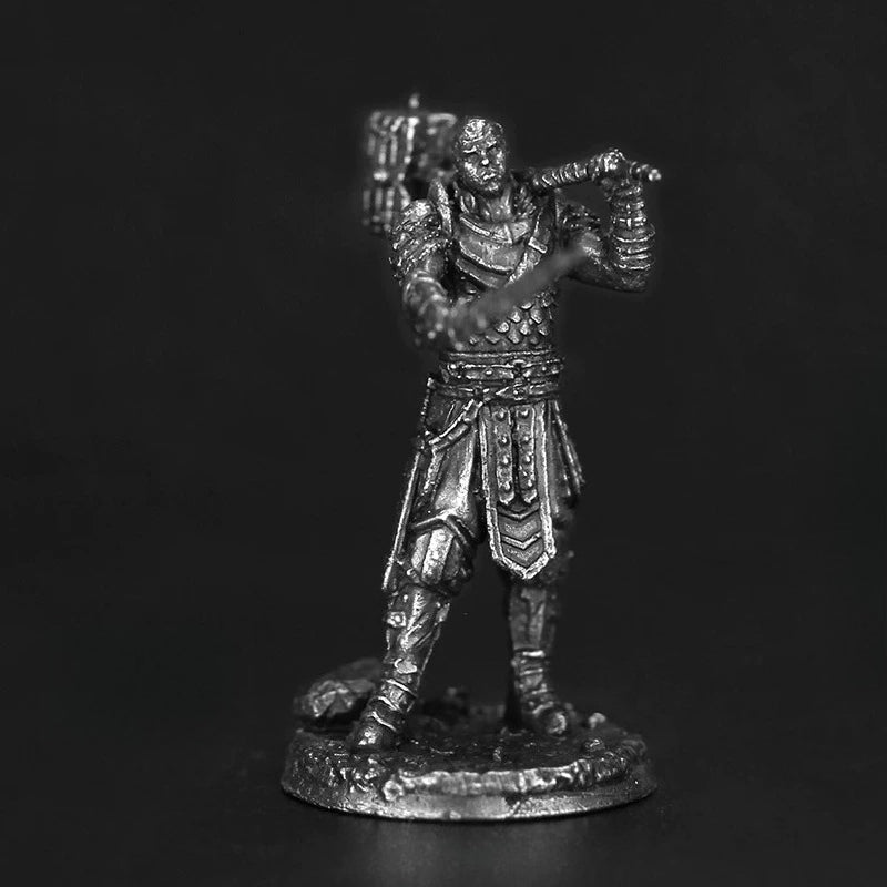 White Brass Figurine Armored Warrior Miniature - Hammer over Shoulder and Dagger