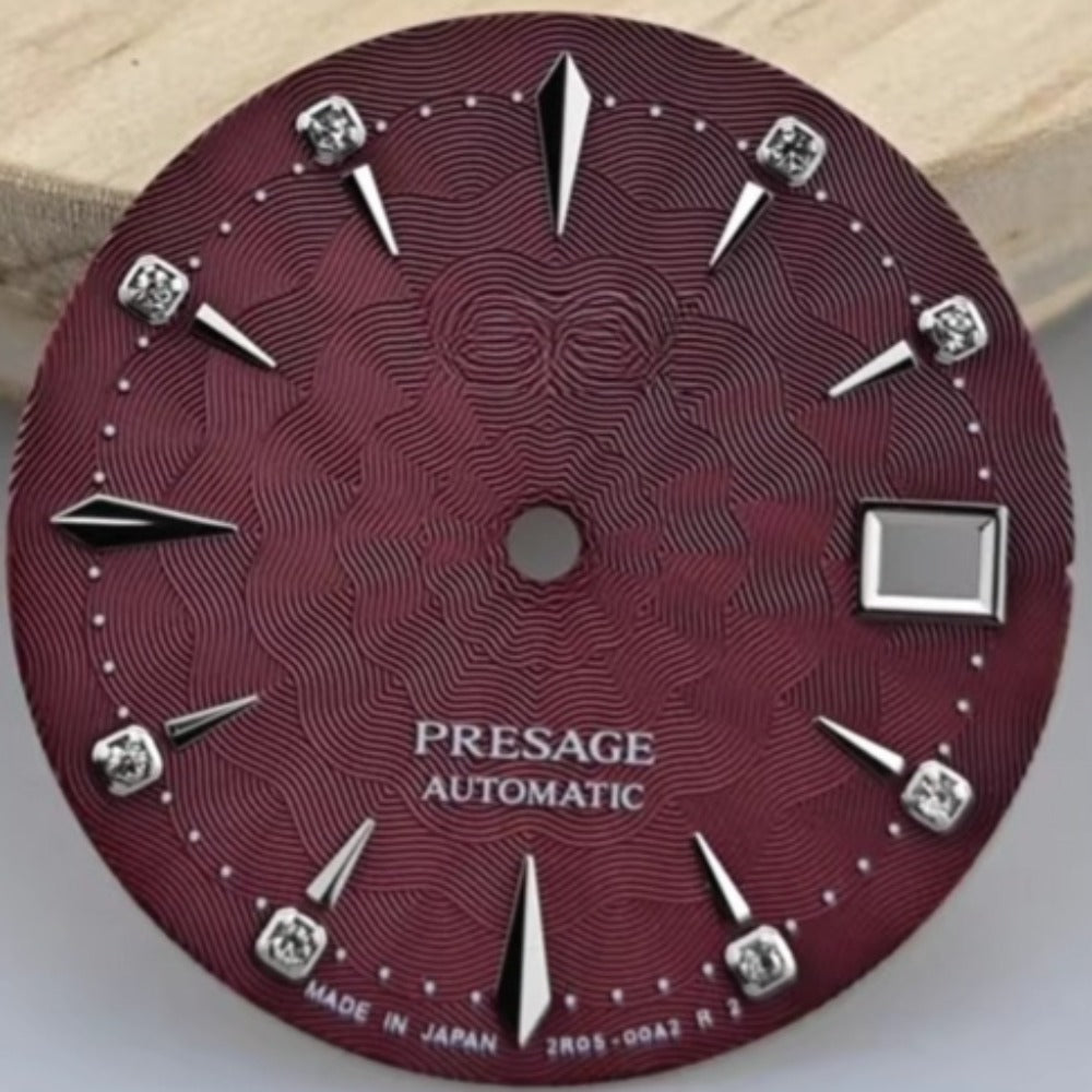 Red floral pattern 29mm watch dial for NH35 NH36 automatic movement, with logo detail.