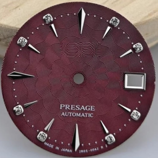 Red floral pattern 29mm watch dial for NH35 NH36 automatic movement, with logo detail.