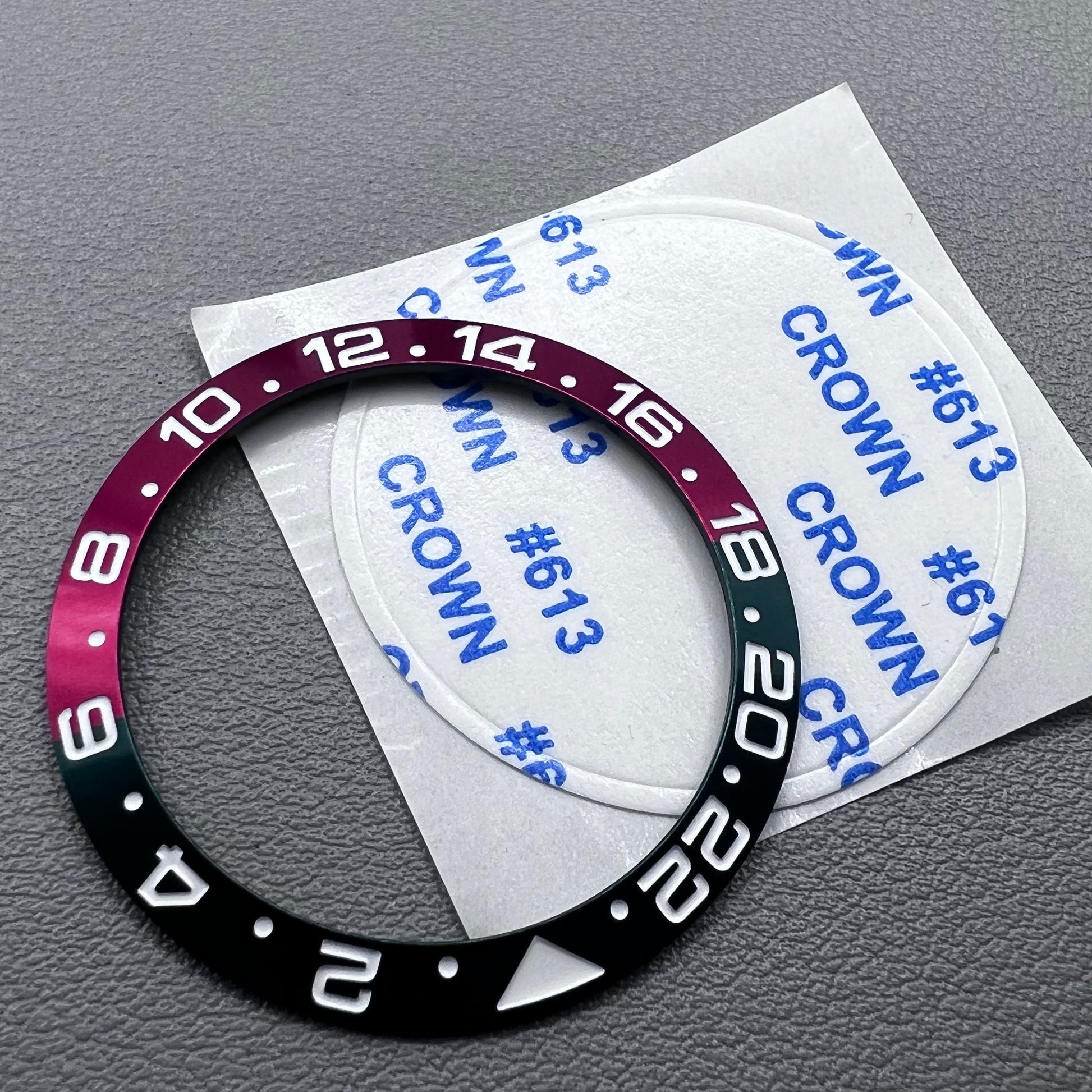 38mm GMT watch bezel insert with numerical markers, aluminum alloy, compatible with RLX movement, branded.