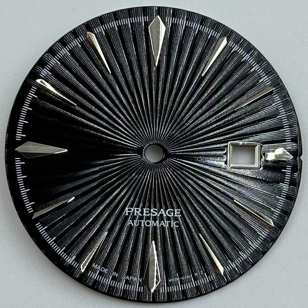 Silver 35mm Nail and Black Cocktail watch dial, modified no lume for NH35 movement compatibility.