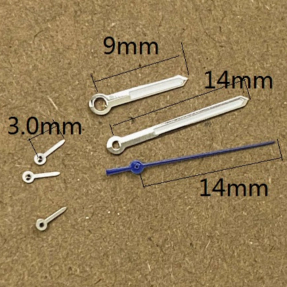 Silver-trimmed blue second hand with green lume for Miyota JS15 quartz watches.