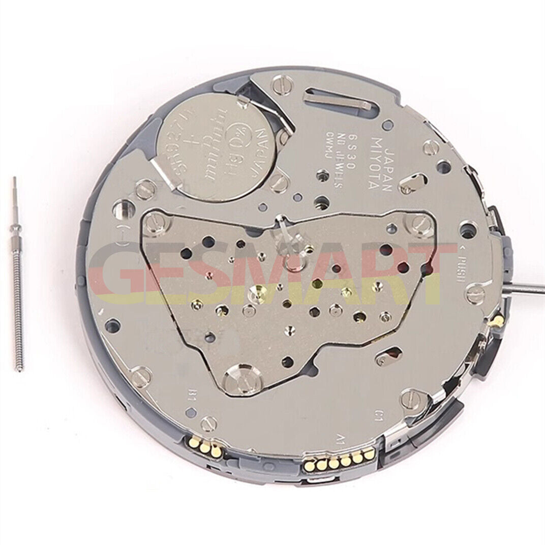Miyota 6S30 quartz watch movement with date at 4, small second dials at 2, 6, and 10 positions.