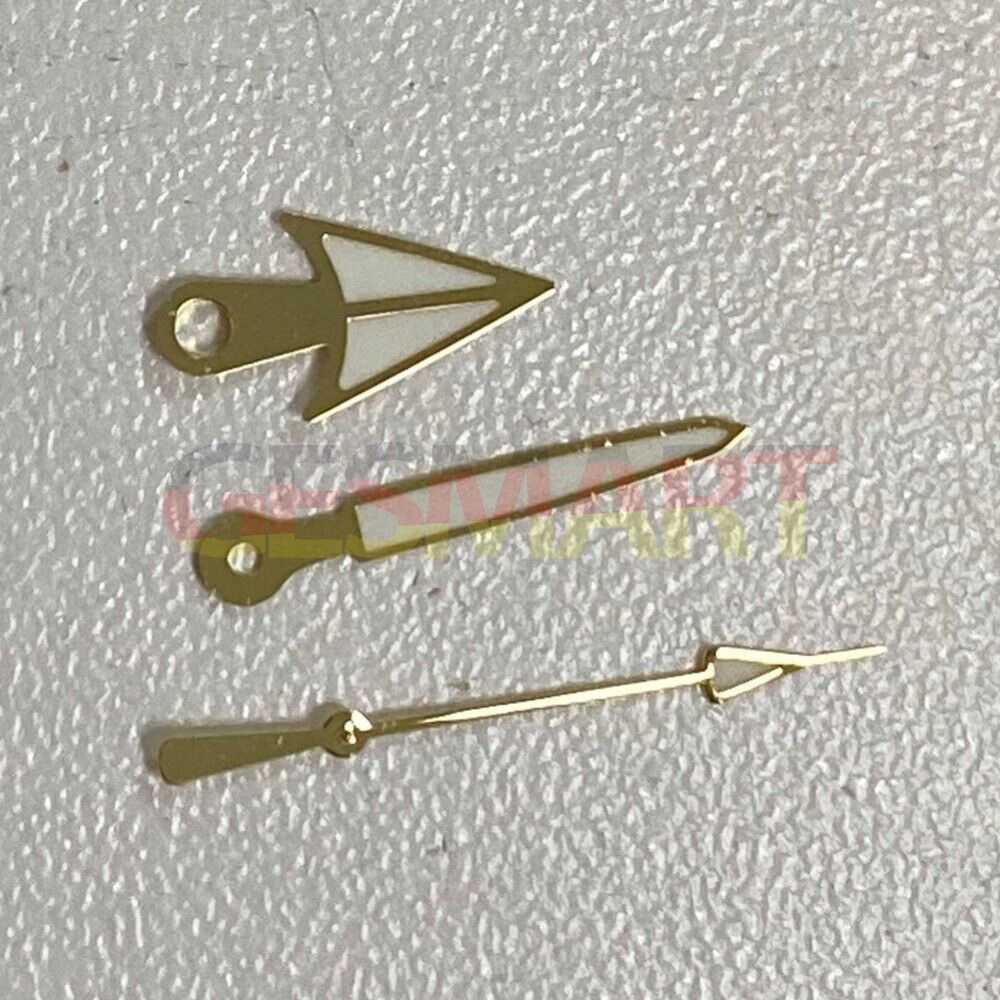 Black, silver, and golden trim green luminous watch hands for NH35/NH36 movement, enhancing readability and style.