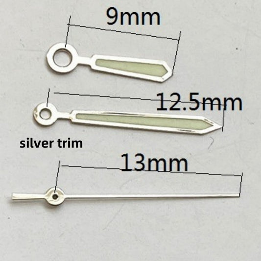 13 mm Uhrzeiger-Set mit silbernem Rand und grüner Leuchtmasse für das Quarzwerk Ronda 515