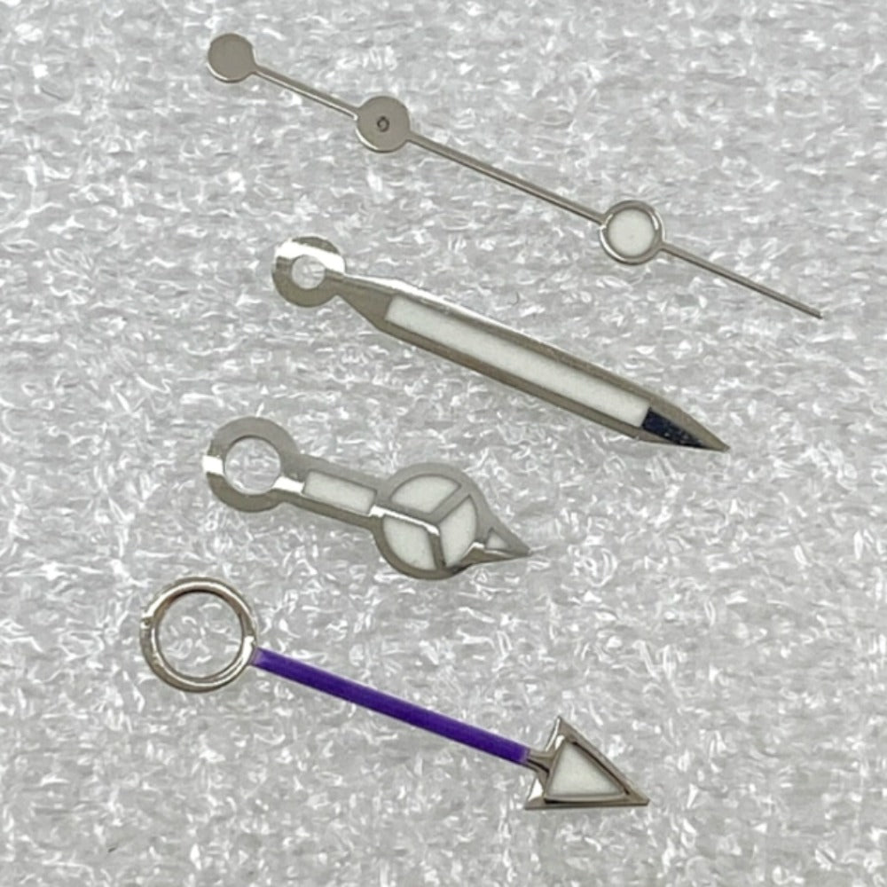 Silver-trimmed purple GMT watch hands with BGW9 lume for NH34 movement, enhancing visibility and style.