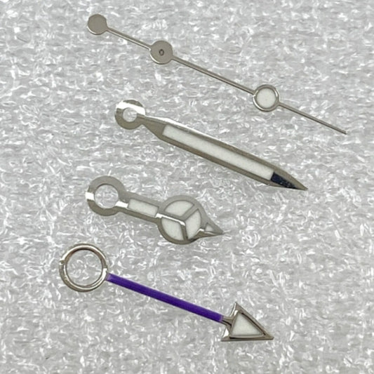 Silver-trimmed purple GMT watch hands with BGW9 lume for NH34 movement, enhancing visibility and style.