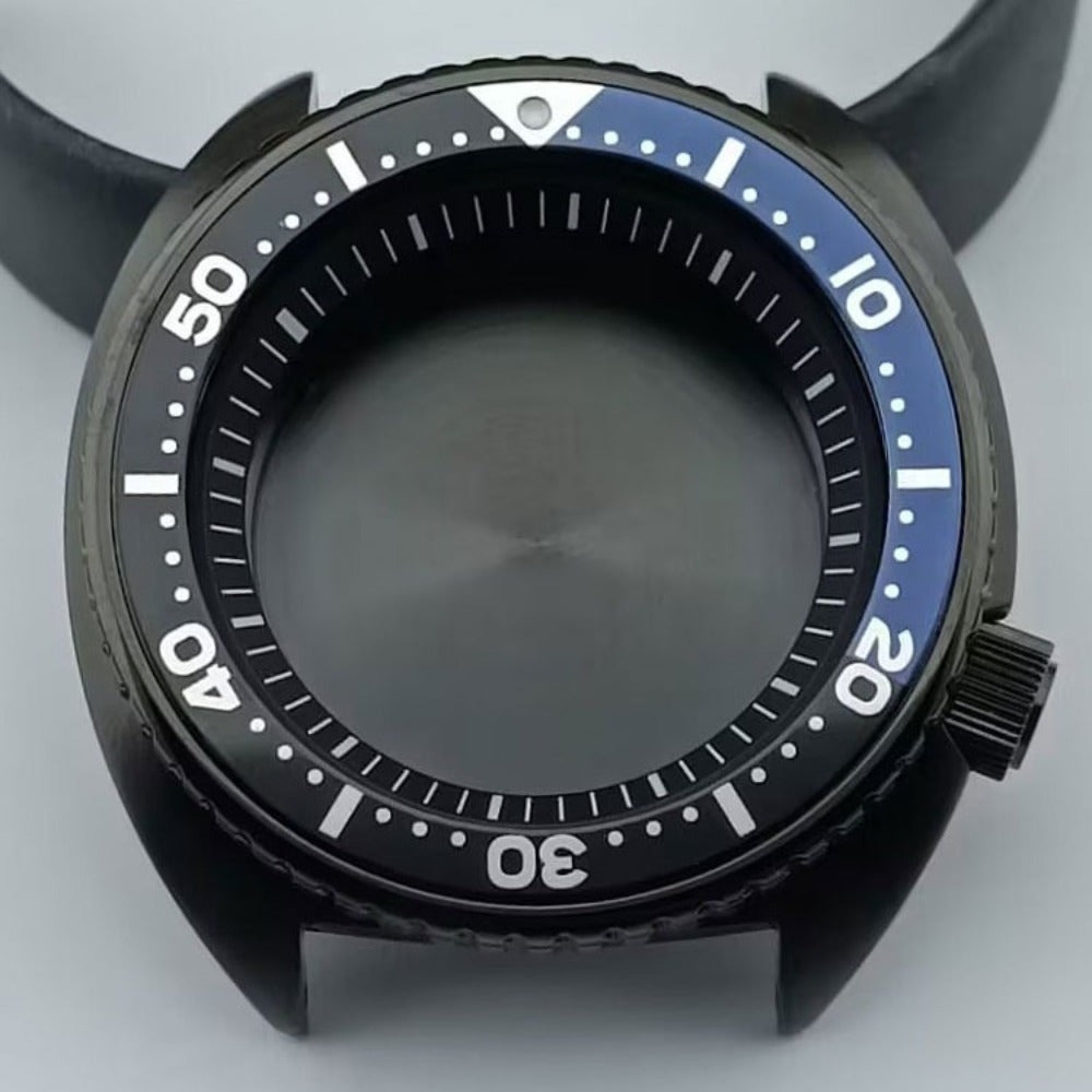 Black 42.5mm watch case with blue bezel and black ring, compatible with NH35, NH36, NH38, NH70 movements.