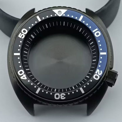 Black 42.5mm watch case with blue bezel and black ring, compatible with NH35, NH36, NH38, NH70 movements.
