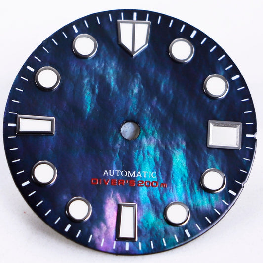 Universal 28.5mm blue lume watch dial with natural seashell vein texture, compatible with NH35 movements.