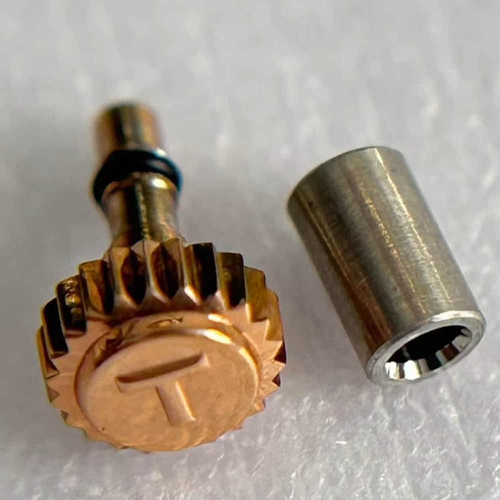 Steel rose gold watch crown for Tissot T71, durable replacement part for watch repair.