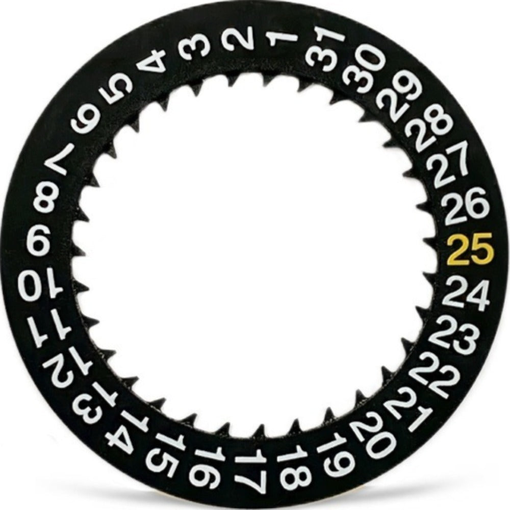 White and yellow 25-font black date disk wheel for NH35 NH36 watch movement, precision replacement part.