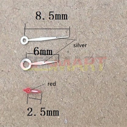 Silver and red diamond watch hands for Miyota 1L45 quartz, adding precision and stylish detail.