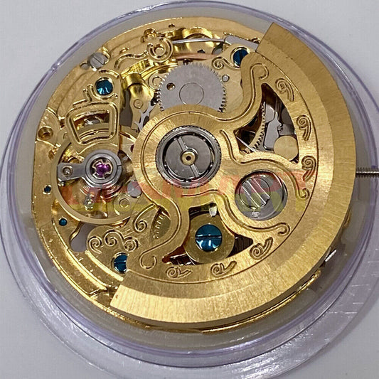 Hangzhou 2189 automatic watch with golden carved hollow dial, showcasing intricate mechanical movement.