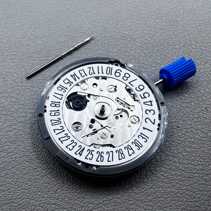 Seiko NH35A watch movement with black dial, 24 jewels, and date display at 6 o'clock for watch repairs.