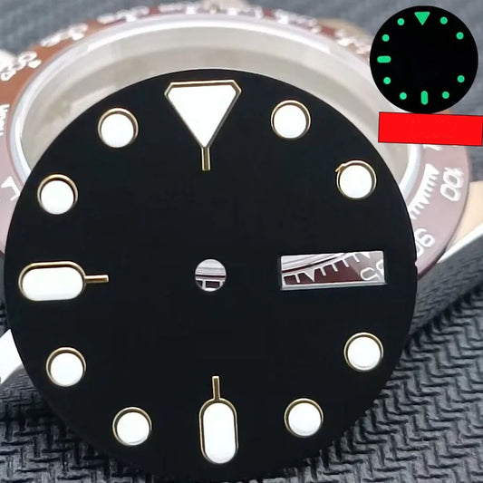 Green lume metal black watch dial with golden nail markers, 28.5mm for SKX007 NH36.