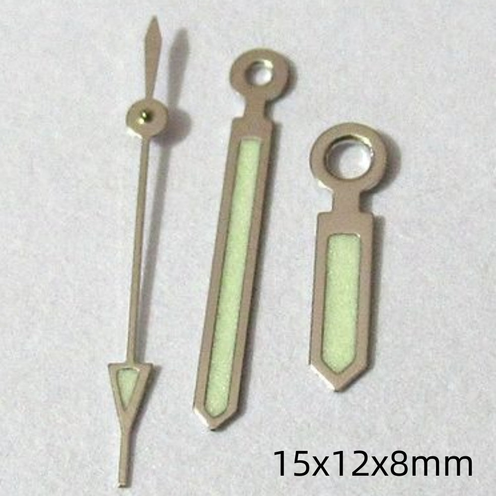 15mm silver-trimmed green lume watch hands set for Miyota 2035/2115/2105/2305 movements.