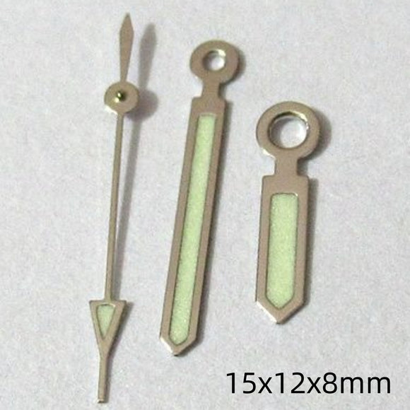 15mm Silver Trim Green Lume Watch Hands Set for Miyota 2035 2115 2105 2305 Movement