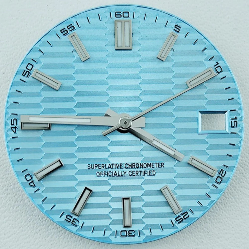 Green Lume Waved Light Blue Watch Dial with Silver Trim Suitable for NH35