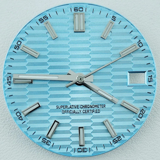 Green Lume Waved Light Blue Watch Dial with Silver Trim Suitable for NH35