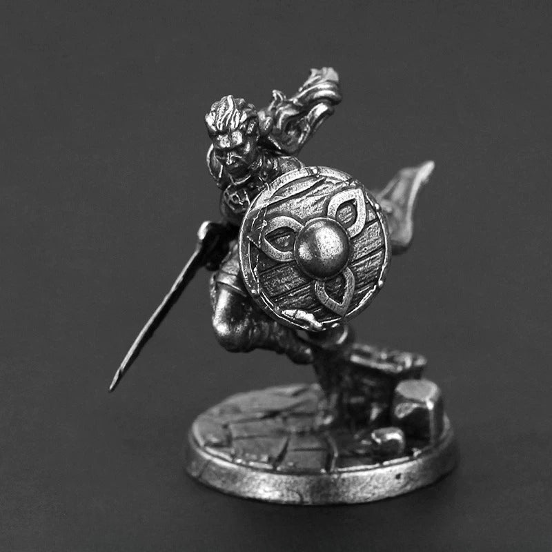 White Brass Figurine Hertha Shieldmaiden Miniature - Leaping Sword and Round Shield Figure
