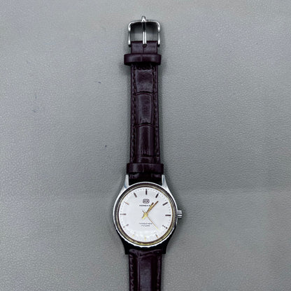 33mm Dark Brown Strap Manual Mechanical Watch Golden Nail Silver Dial Round Golden Case