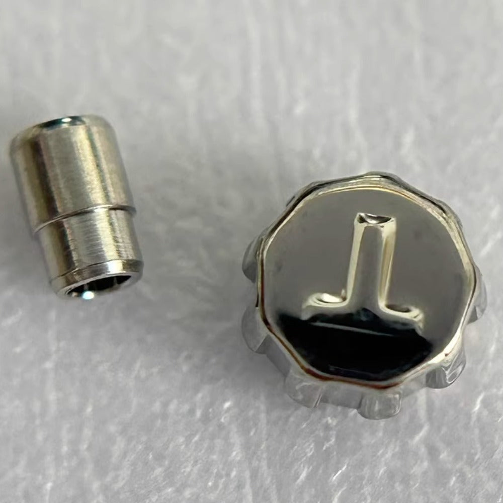 Polished steel silver watch crown for Tissot T087, durable replacement part for repair and maintenance.