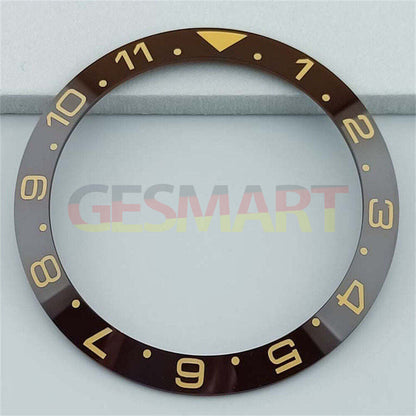Ceramic brown 38mm GMT bezel ring with white and gold font, fits SUB watch models for luxury style.