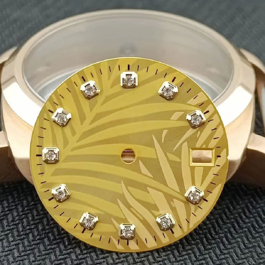 Golden square Datejust watch dial with yellow leaf pattern, compatible with NH35 NH36 movements, for Leaf brand.