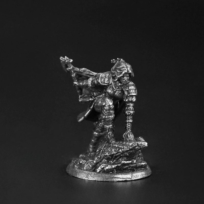 White Brass Figurine Female Elf Archer Miniature - Crouching Drawing Bow Figure