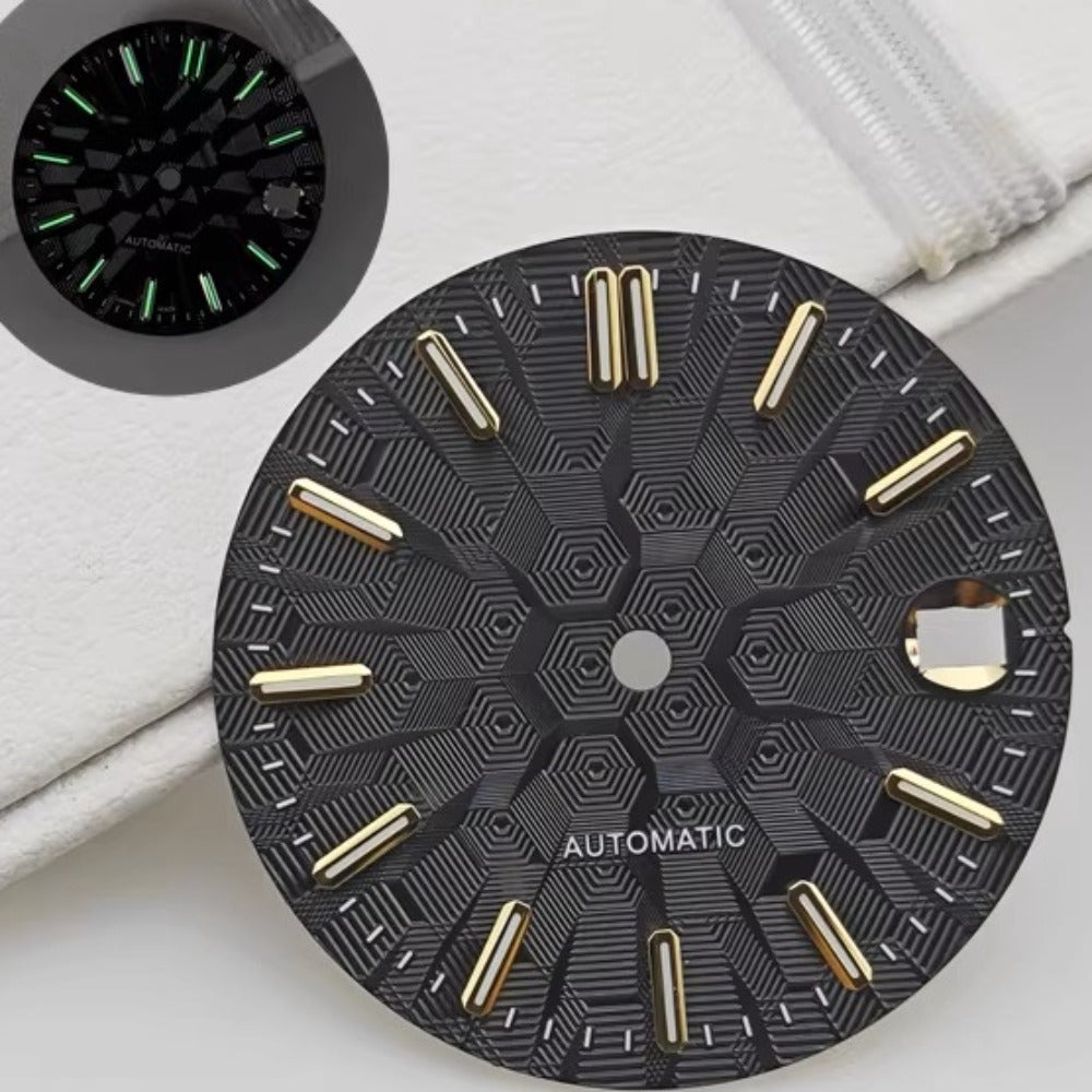 Black 28.5mm Golden Nail Lume Watch Dial, no logo, compatible with NH35 NH36 movements, sleek design.