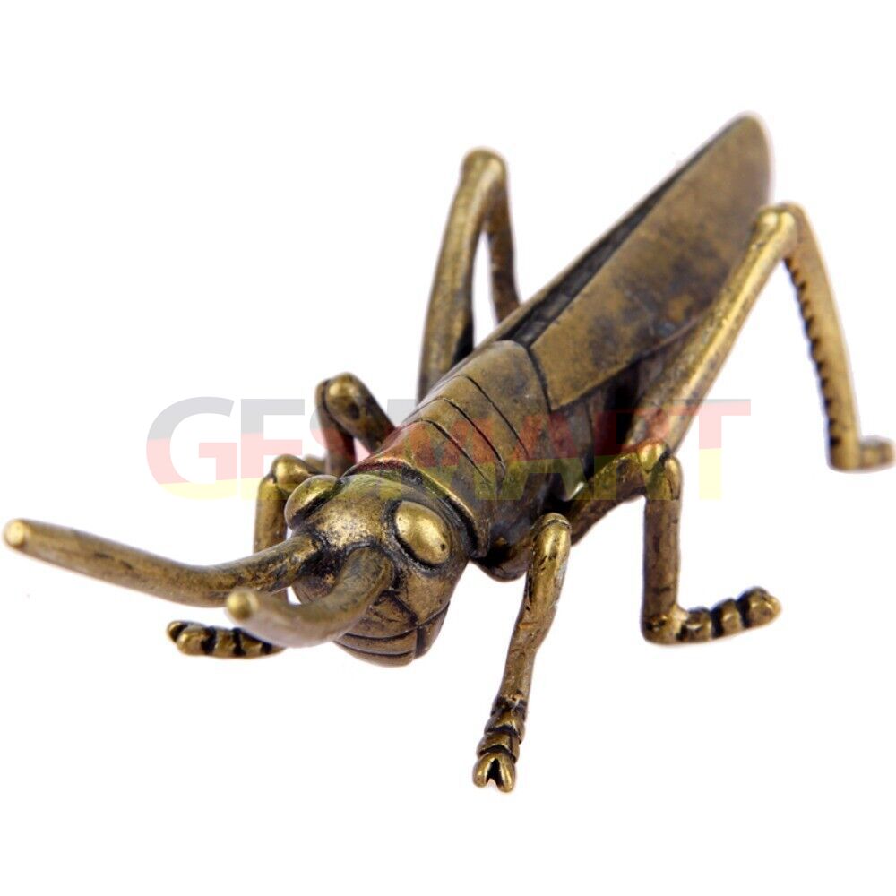 Hand-carved solid copper grasshopper figurine, vintage bronze finish trinket accessory.