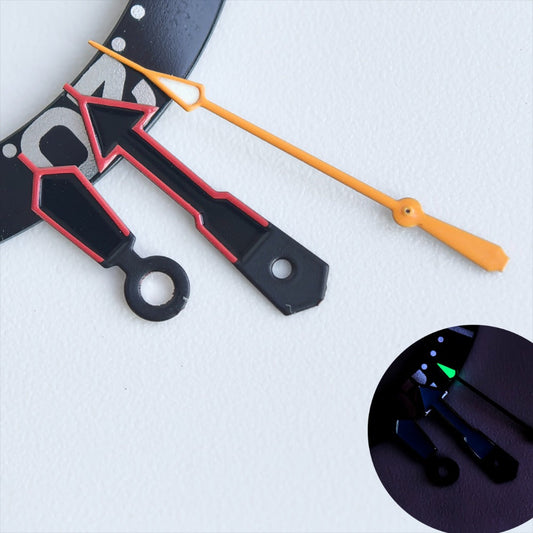 Black painted watch hands with red trim and green lume, compatible with NH35/36 movement.