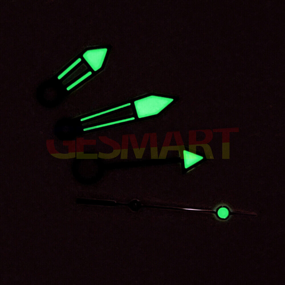 GMT Fruit Green watch hands with black trim and luminous tips for JP Epson NH34 movement.