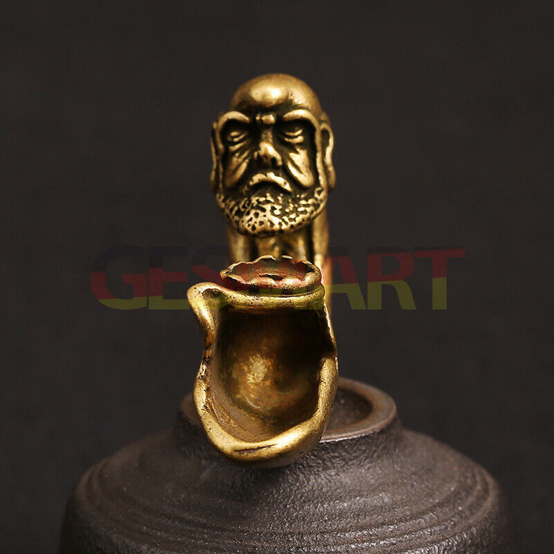 Hand-carved solid copper Dharma agarwood furnace figurine, detailed bronze trinket for watch accessory display.
