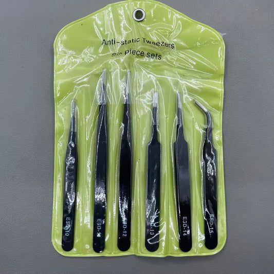 Set of 6 anti-static stainless steel black plating tweezers in PVC bag for watch and jewelry repair.