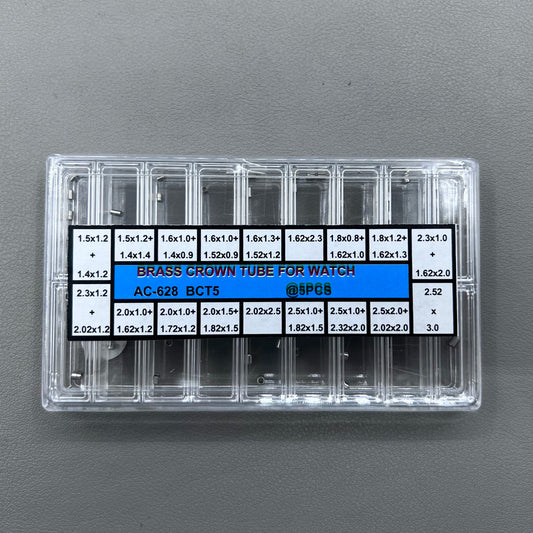 Assorted 90-piece brass watch crown tubes in 18 sizes, ideal for watch repairs and customization.