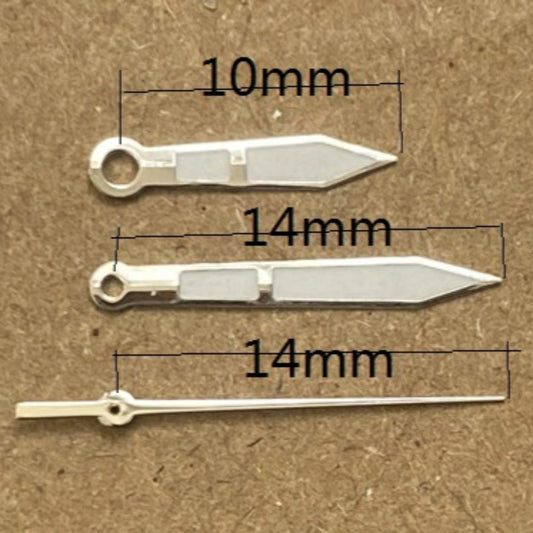 Aiguilles de montre en forme de flèche de 14 mm avec garniture argentée et luminescente verte pour mouvement à quartz Ronda 515