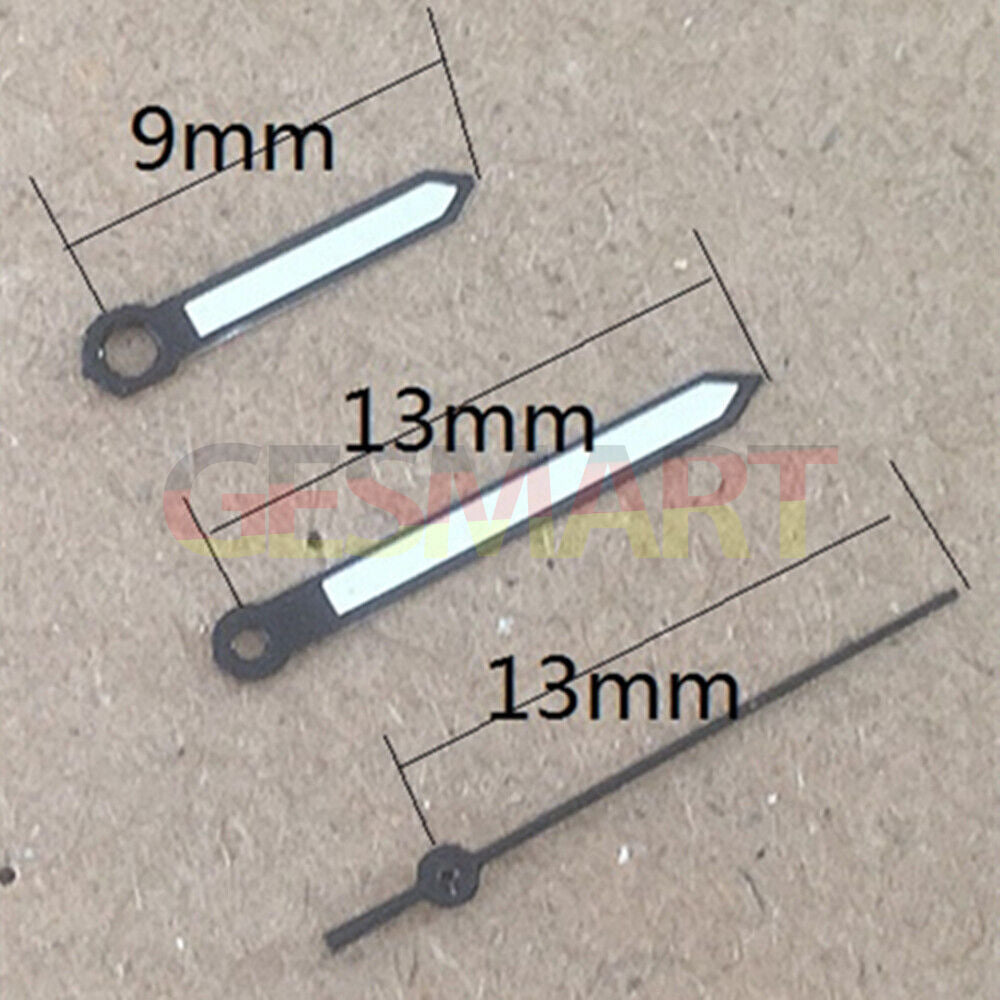 Luminous black trim watch hands for Miyota 2035 quartz movement, enhancing visibility and style.