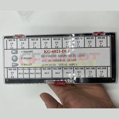 KG-6021-DLF date lens in three sizes, mineral glass, durable watch accessory, 60 pieces per box by KG.