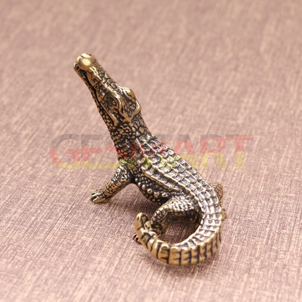 Hand-carved solid copper crocodile trinket, detailed bronze finish figurine for decor.