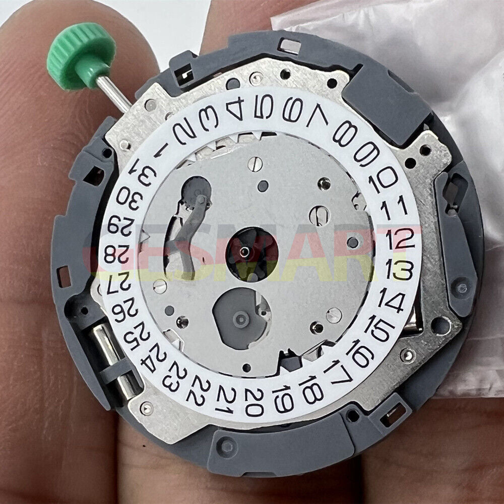 Miyota OS10 quartz watch movement with date display at 3 o?clock, precision Japanese mechanism.