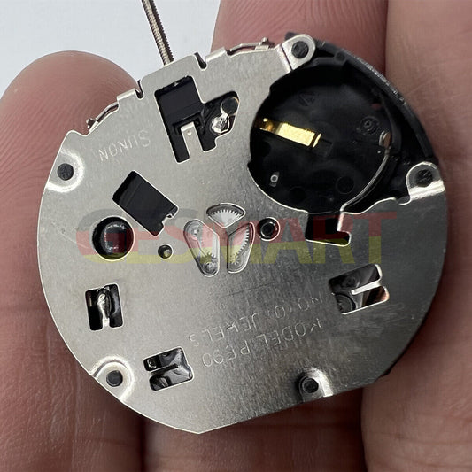 Sunon PE90 quartz watch movement with 3 hands and small seconds at 6, 9, and 12 o'clock positions.