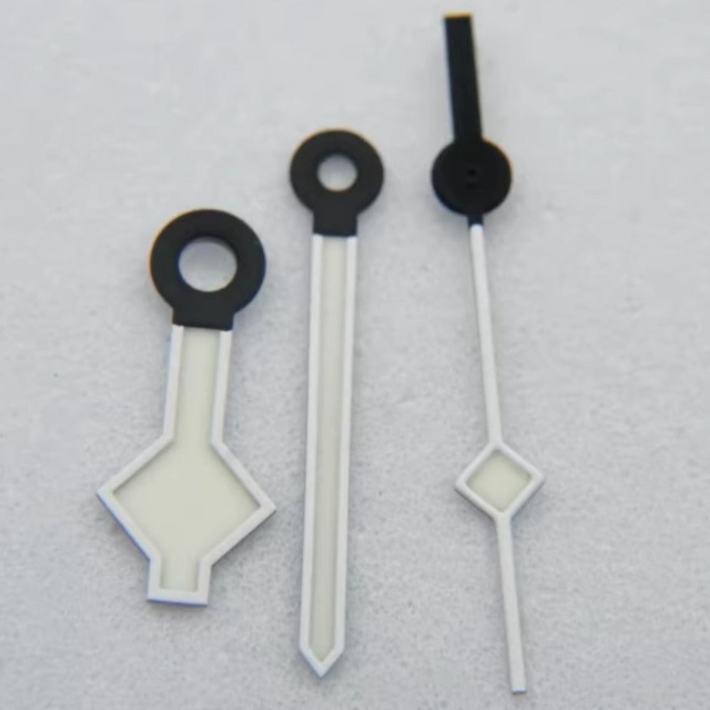 Matted white and black C3 blue luminous snowflake watch hands for Miyota 8N24 movement, precision design.