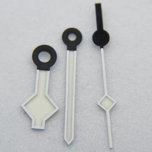 Matted white and black C3 blue luminous snowflake watch hands for Miyota 8N24 movement, precision design.