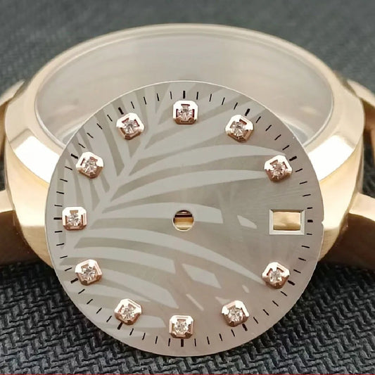 Rose gold Leaf Background Datejust watch dial in light grey, compatible with NH35 NH36 movements, by BrandName.
