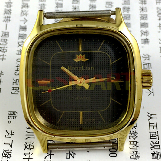 HONGLIAN 34mm manual mechanical watch with black dial, golden nail markers, and square golden case.