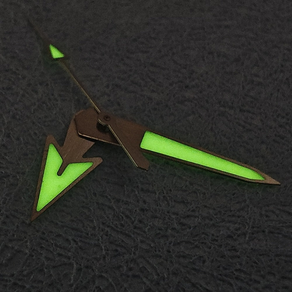 Matte silver trim C3 green lume watch hands for NH movements by Brand, ideal for precision timekeeping.